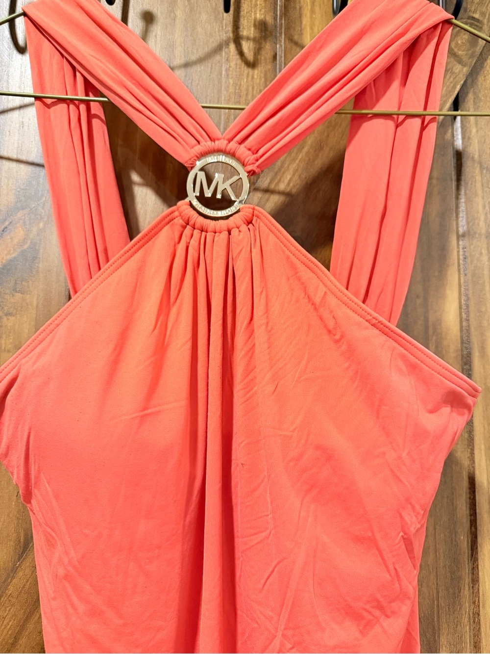 Michael Kors Coral Halter Swim Dress with Gold MK Emblem - Picture 4 of 6